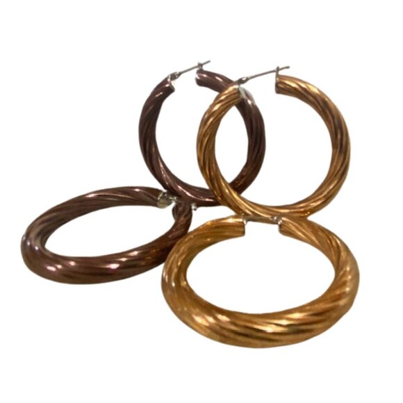 Twisted Rope Hoop Earrings, 2 Pairs, Stainless Steel Gold/Brown Tone - Picture 5 of 9